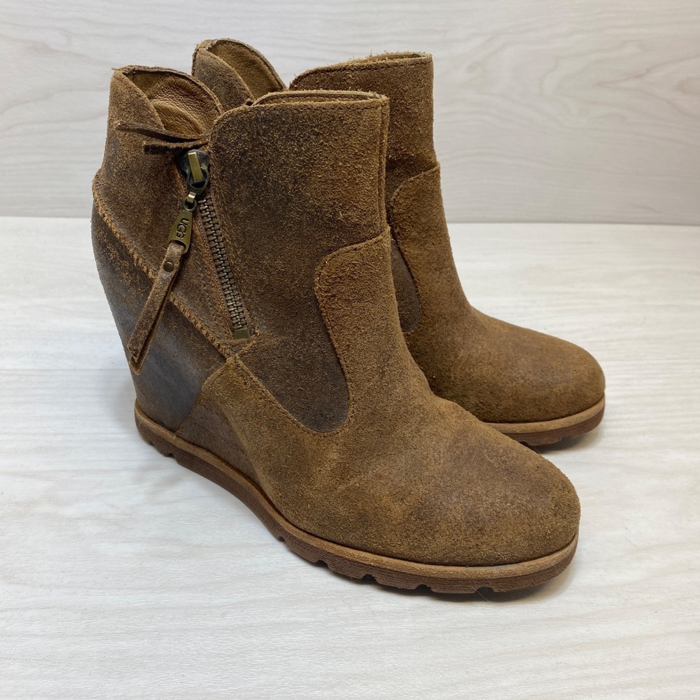 UGG Myrna Brown Leather Wedge Zip Ankle‎ Boots Women's Size 7.5 Brown